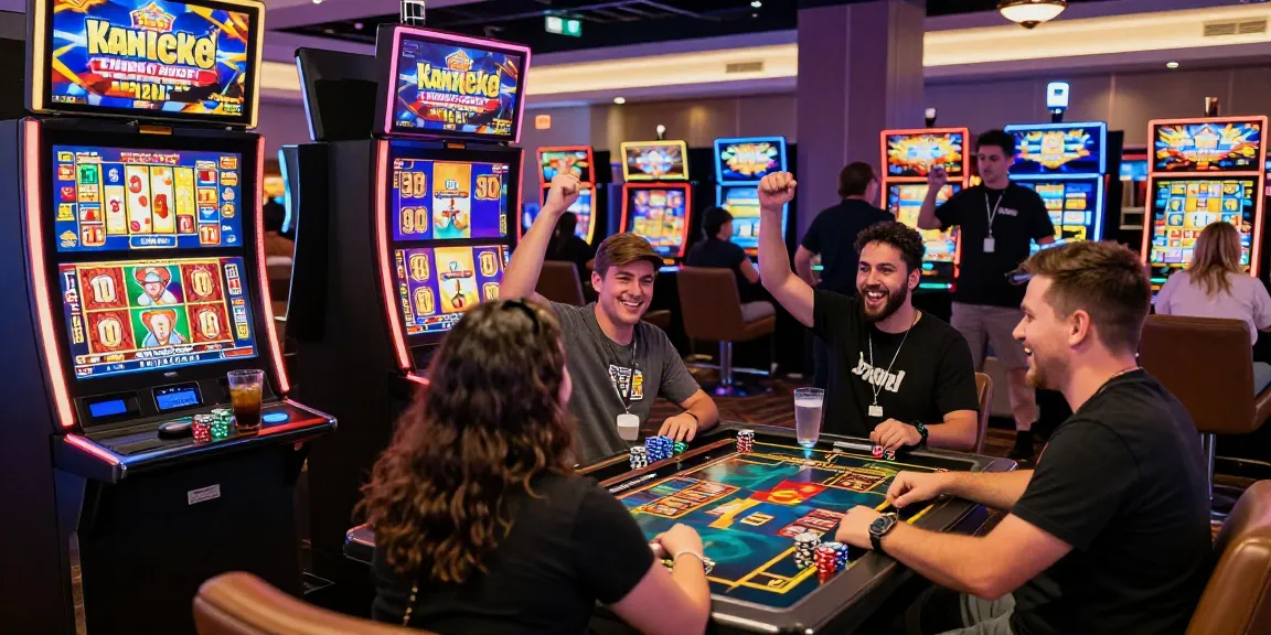 Engaged players celebrating a win at a vibrant slot gacor casino scene with colorful machines and flashing lights.