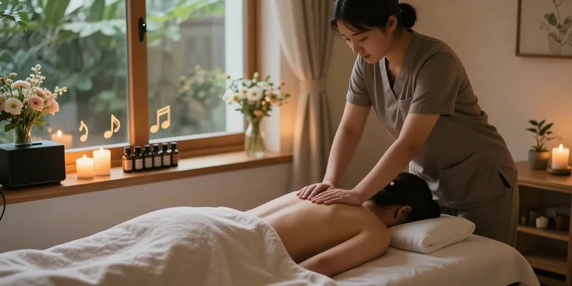 화정출장안마 세션 중인 전문 마사지사와 Relax한 고객이 있는 아늑한 마사지 룸