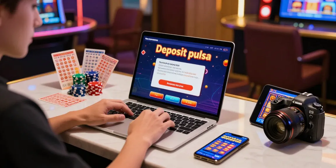 Engaging in online casino experience featuring slot deposit pulsa on laptop, smartphone, and tablet with vibrant gaming atmosphere.
