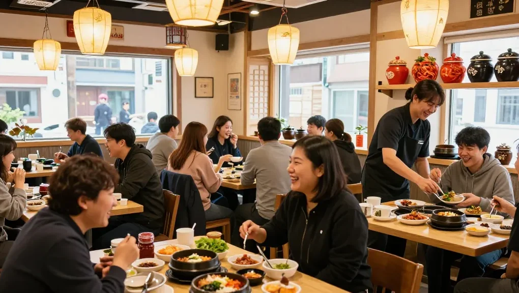Enjoying a meal at 상봉동 한국관, a vibrant Korean restaurant with traditional dishes and a lively atmosphere.
