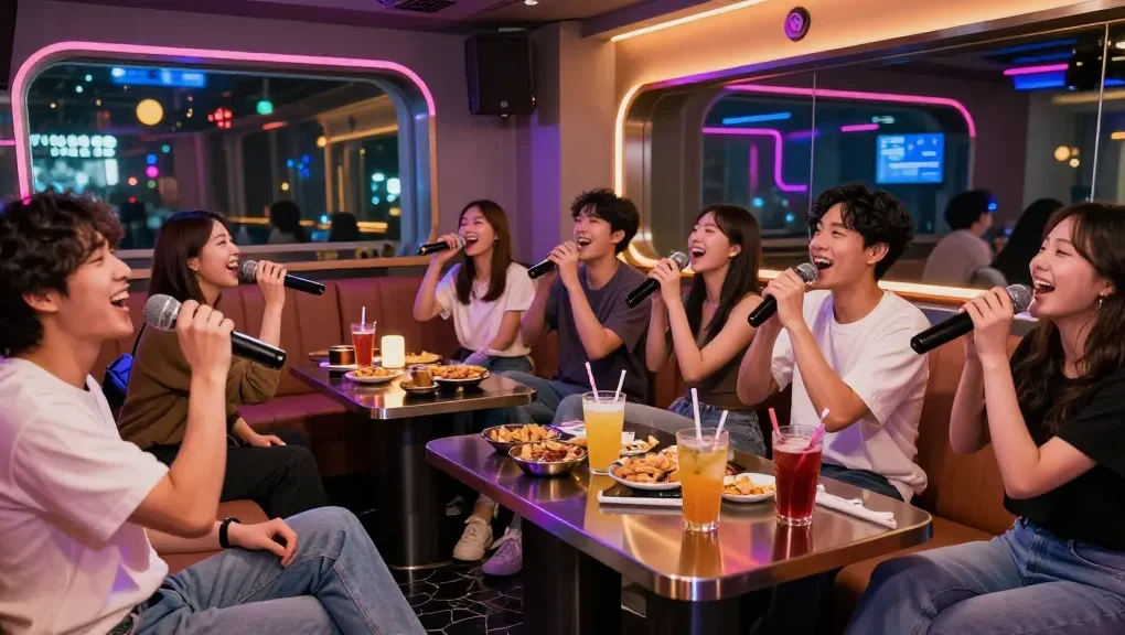 제주유흥에서 친구들과 함께 즐거운 노래방 시간, 현대적인 인테리어와 네온 조명이 어우러진 활기찬 분위기