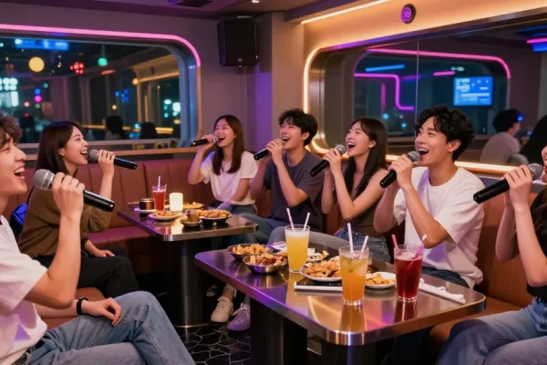제주유흥에서 친구들과 함께 즐거운 노래방 시간, 현대적인 인테리어와 네온 조명이 어우러진 활기찬 분위기