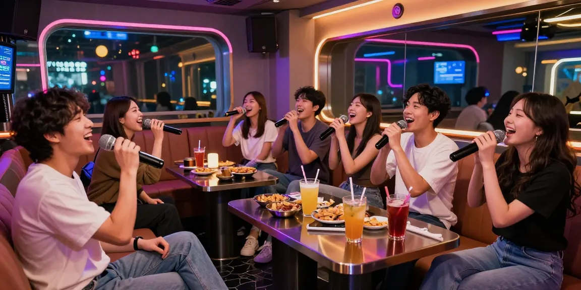 제주유흥에서 친구들과 함께 즐거운 노래방 시간, 현대적인 인테리어와 네온 조명이 어우러진 활기찬 분위기