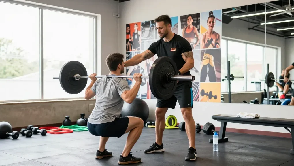 Engaged fitness coach demonstrating exercises at Unique Pharma Steroid Shop gym