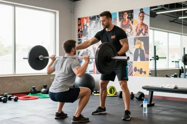 Engaged fitness coach demonstrating exercises at Unique Pharma Steroid Shop gym
