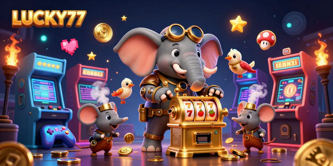 LUCKY77 slot machine operated by a steampunk elephant engineer amidst vibrant casino themes