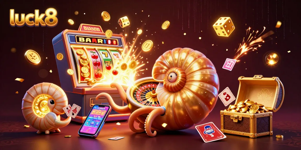 Win big at luck8 with a vibrant 3D casino scene including a golden roulette nautilus and slot explosion.