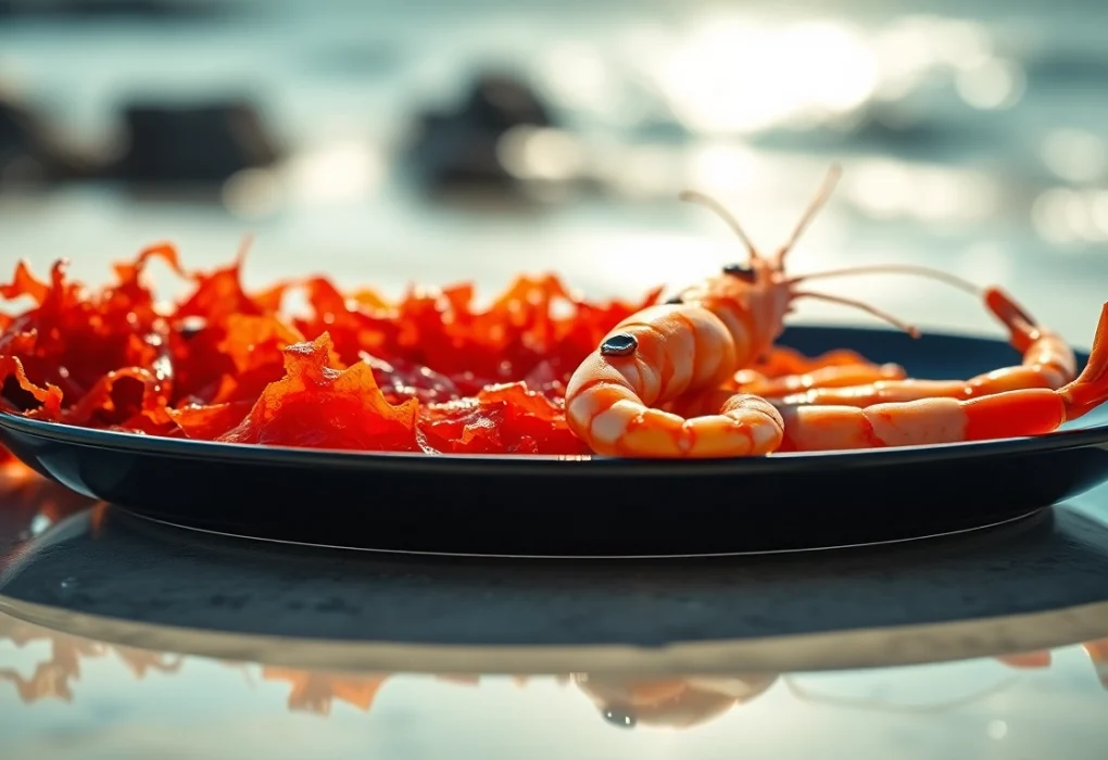 Showcasing astaxanthin-rich shrimp and seaweeds on a glossy plate, highlighting their vibrant colors.