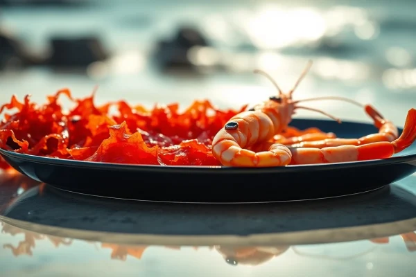 Showcasing astaxanthin-rich shrimp and seaweeds on a glossy plate, highlighting their vibrant colors.