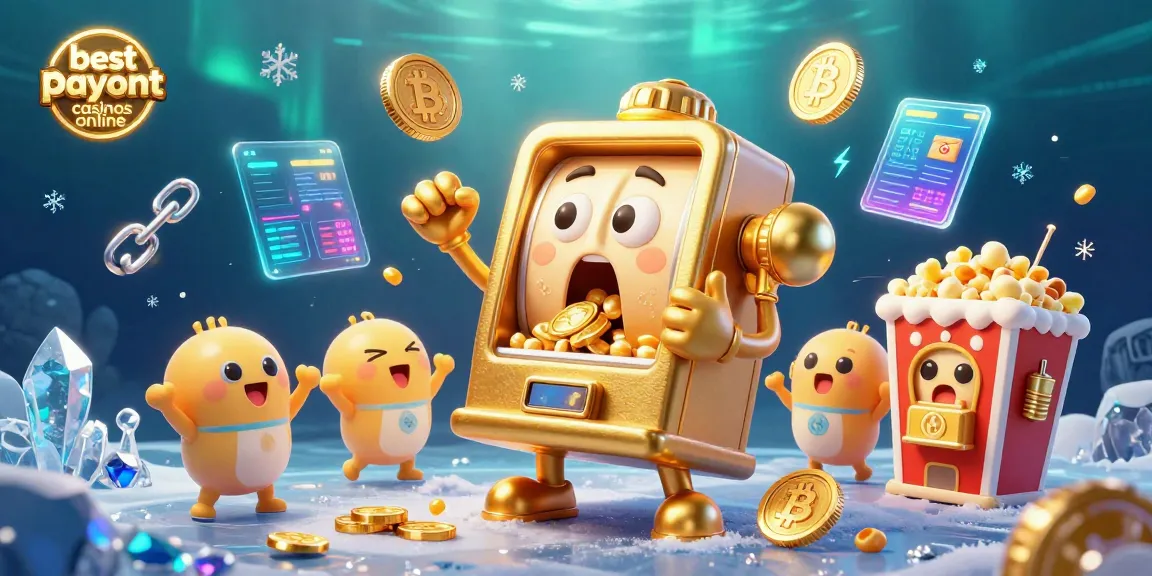 Experience the excitement of the best payout casinos online with animated slot machines celebrating jackpots amidst glowing cryptocurrency elements.