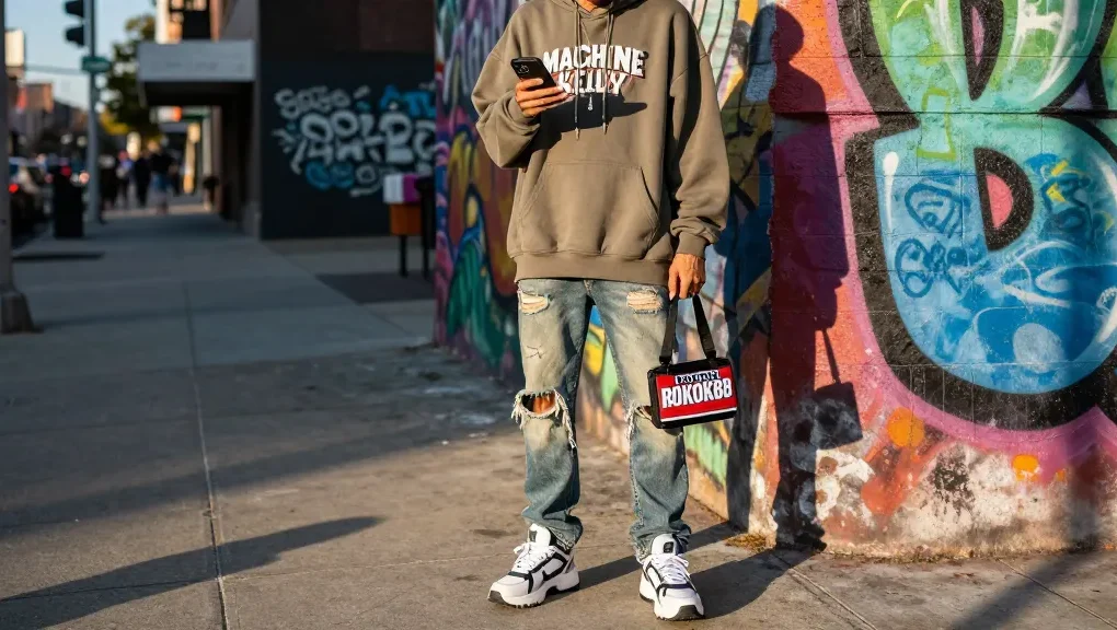Stylish urban scene featuring modern ROKOK88 merchandise with Machine Gun Kelly branding.