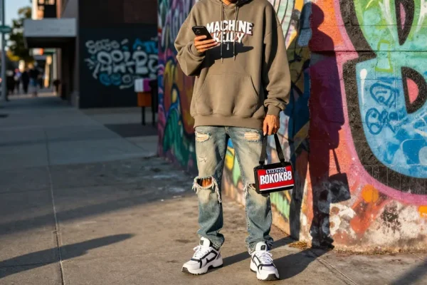 Stylish urban scene featuring modern ROKOK88 merchandise with Machine Gun Kelly branding.