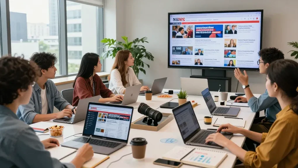 Collaboration in a modern workspace featuring news updates from https://www.theindaily.com with diverse journalists sharing ideas.