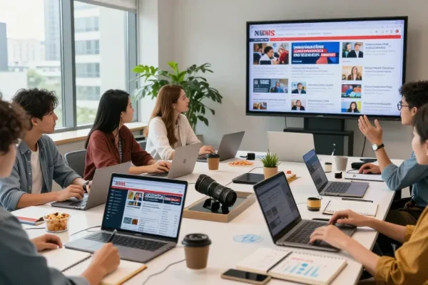 Collaboration in a modern workspace featuring news updates from https://www.theindaily.com with diverse journalists sharing ideas.