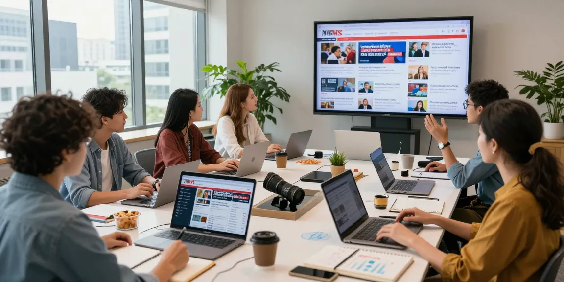Collaboration in a modern workspace featuring news updates from https://www.theindaily.com with diverse journalists sharing ideas.